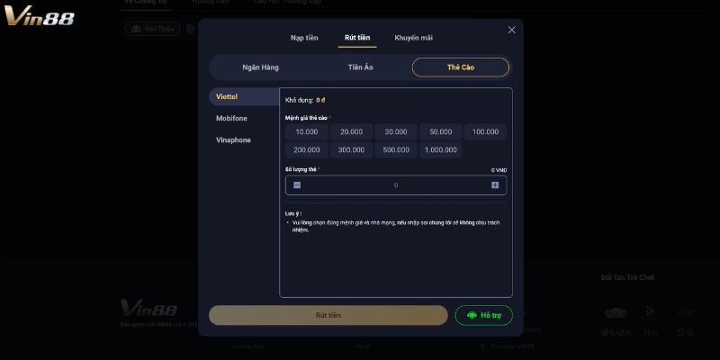 Rút tiền Vin88 thông qua thẻ cào